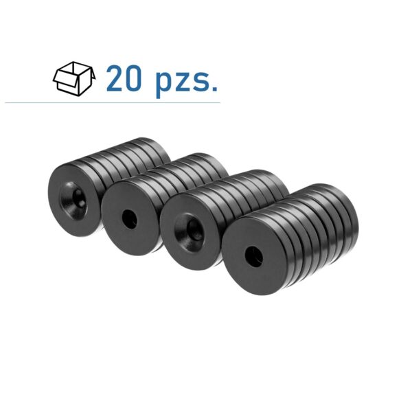 Conjunto de imanes de disco Ø15xØ3,5×5 mm con agujero (Epoxi negro)/ 20 pzs.